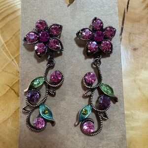 Vintage Betsey Johnson Floral Crystal Drop Earrings - Pink and Green